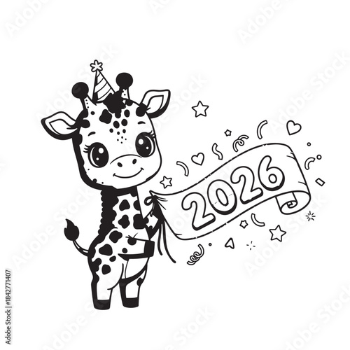 Cute Cartoon Calf Celebrating 2026 with Stars and Hearts in a Playful Scene.