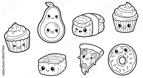 A black and white illustration of a collection of cartoon food items including cupcakes sushi pizza and an avocado with smiling faces on a plain white background