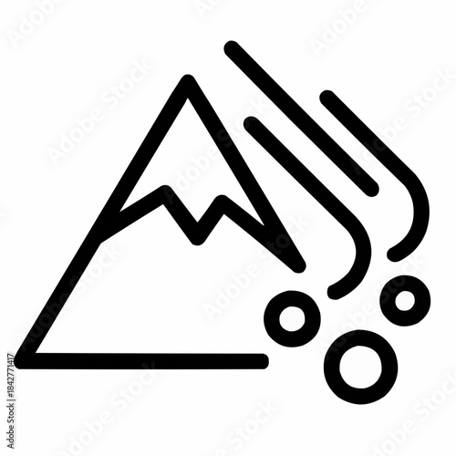 Line icon of a mountain with avalanche lines, black on white, square minimalist style