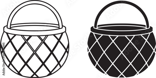 Two black and white woven baskets with handles and diamond patterns 1