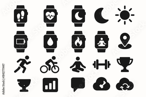 Black fitness icons: smartwatch symbols for health, exercise, and wellness.
