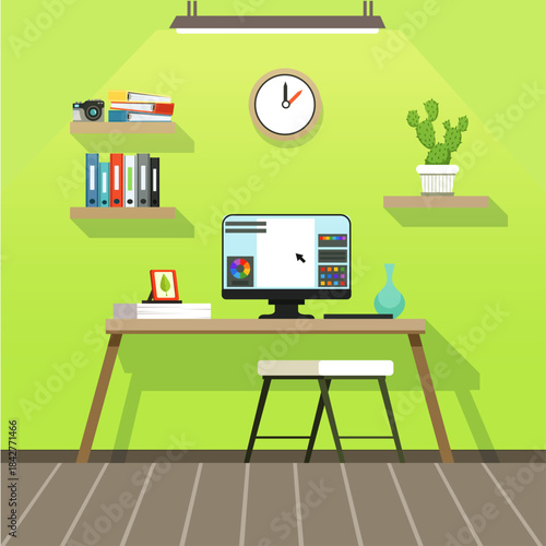 A computer desk with a computer monitor and a clock on the wall