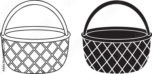 Two black and white woven baskets with handles and diamond patterns