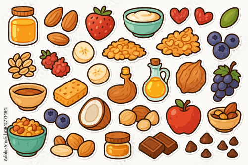 Colorful assortment of food stickers: fruits, nuts, cereals, honey, and more.