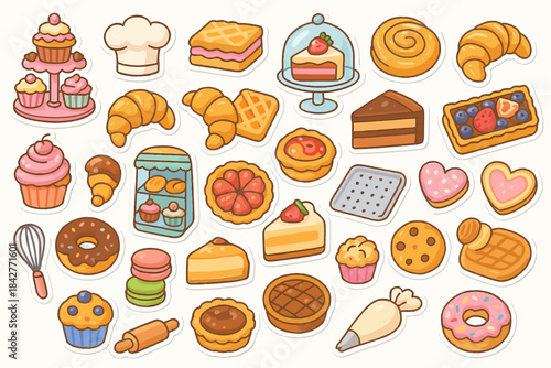 Assorted bakery treats and confections illustrated in whimsical style.