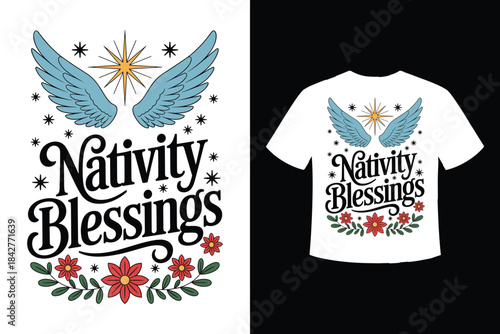 Nativity blessings inspirational christmas design featuring angel wings and star