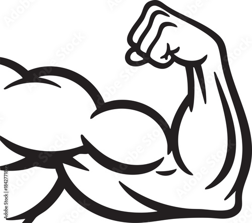 Bodybuilder muscle flex arm vector illustration. Strong macho biceps gym flexing hand vector icon isolated on white background