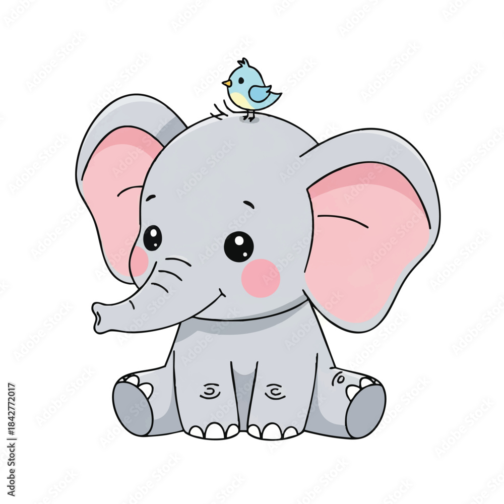 Fototapeta premium Adorable flat 2D illustration featuring a cute baby elephant standing gently, ideal for a sweet newborn greeting card or charming nursery wall sticker on a clean white background.