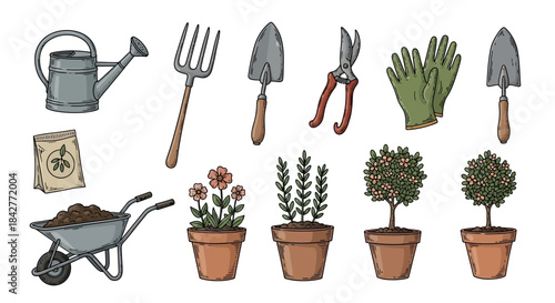 Gardening tools and potted plants illustration including watering can, trowel, pruners, glove, fork, wheelbarrow, seed packet, and various flowers and shrubs in pots
