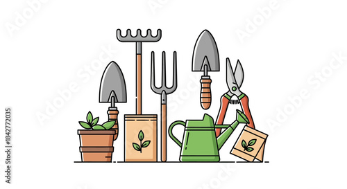 Colorful illustration of gardening tools and plant care equipment including a watering can and pruners on a clean white background for hobby and gardening concepts