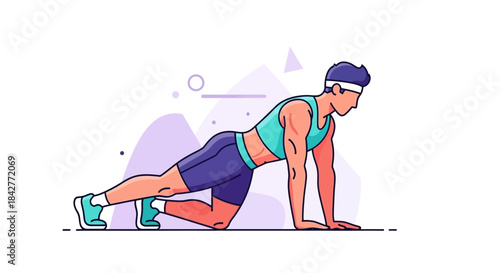 Man in a kneeling push up position wearing a blue sports bra and headband with purple shorts and green shoes on a white background with abstract shapes