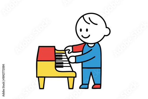 A smiling stick figure plays a colorful piano in a minimalist illustration
