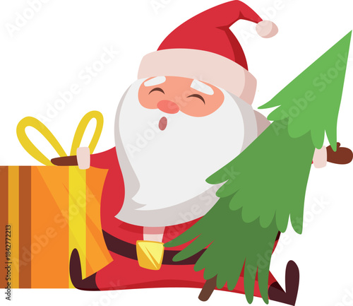 A cartoon image of Santa Claus holding a Christmas tree and a gift box