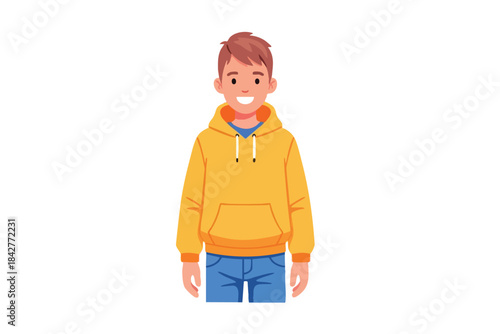 Illustration of a young male with brown hair wearing a yellow hoodie and blue jeans