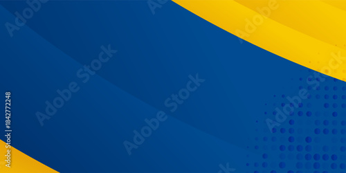 Abstract yellow and blue geometric curve overlap layer background with halftone dots decoration. Modern horizontal banner template design. Suit for cover, header, poster, banner, website, business