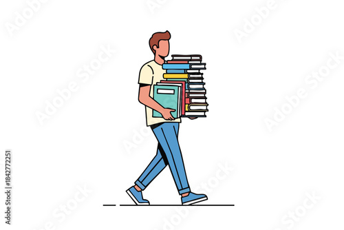A person walks with a large stack of books, in casual clothing on white background