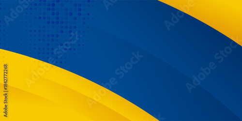 Abstract yellow and blue geometric curve overlap layer background with halftone dots decoration. Modern horizontal banner template design. Suit for cover, header, poster, banner, website, business