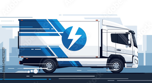 Electric delivery truck driving on city street with blue and white design, urban background, lightning bolt logo