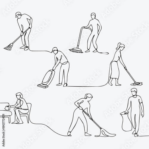 One Continuous Line Drawing Set of People Doing House Cleaning Chores
