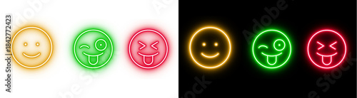 Cuadro en lienzo PNG image of Collection of glowing neon and solid background emoji icons represe