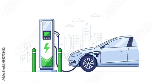 Electric vehicle charging station with car plugged in, green energy concept with urban background and cityscape