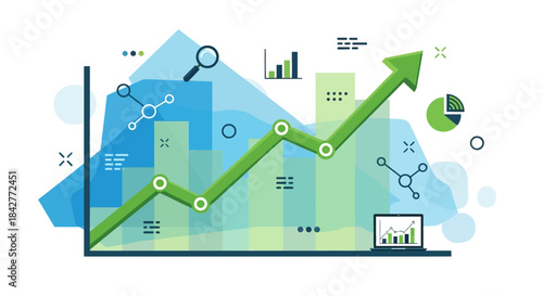 Business growth chart with green arrow and laptop on white background, illustrating successful financial analysis and planning