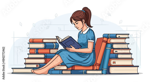 A young girl sits on stacked books reading another book surrounded by multiple piles of books in various colors