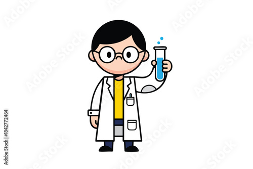 A cartoon scientist in a lab coat holding a test tube with blue liquid, on white