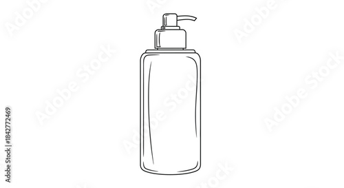 Detailed line drawing of a pump dispenser bottle for liquids, isolated on white background for design use
