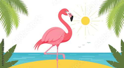 A pink flamingo stands on a sandy beach with palm trees and a sunny sky