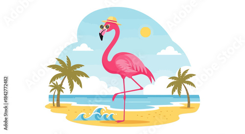 A pink flamingo wearing sunglasses and a hat stands on a tropical beach with palm trees, waves, and a sunny sky