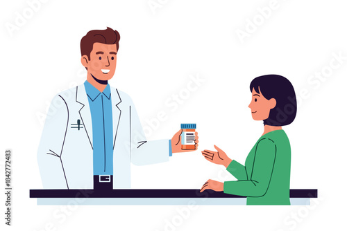 A pharmacist gives medicine to a customer. They stand behind a counter