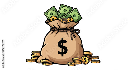 A brown money bag with a dollar sign filled with green bills and gold coins surrounded by scattered coins on a white background