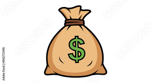 A cartoon illustration of a brown money bag with a green dollar sign on a white background, tied with a brown string