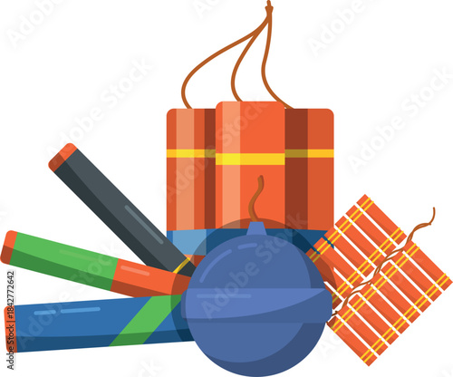 A cartoonish illustration of fireworks and a bomb