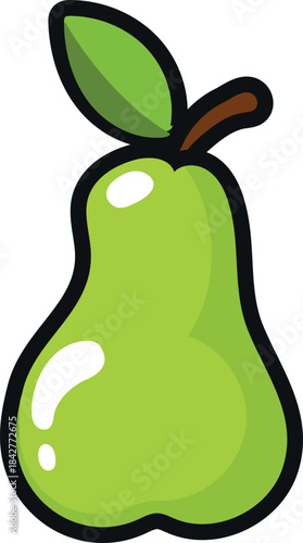 A green pear with a leaf on top