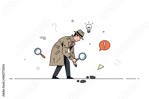 A cartoon detective, hat and coat, investigates tracks. Magnifying glasses and symbols surround him