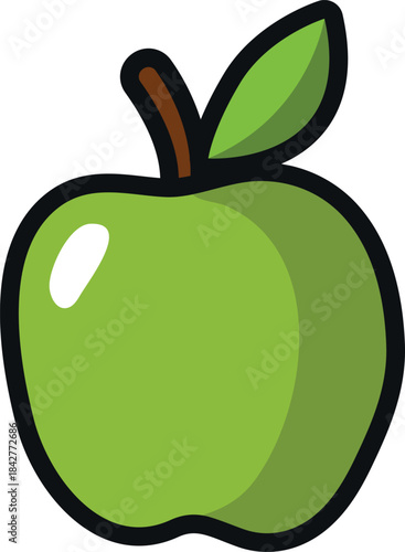 A green apple with a stem and leaf