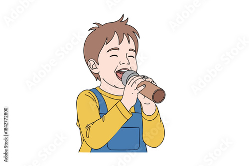 A young child singing happily into a microphone, wearing a yellow shirt and blue overalls
