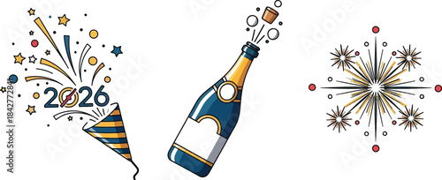 Festive collection of 2026 new year celebration icons featuring a popping champagne bottle a firework and a party popper