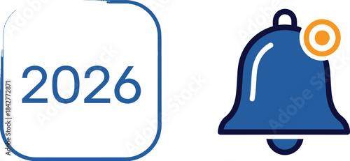 Digital notification icon featuring the year 2026 next to an active blue alert bell signaling an important upcoming event or reminder