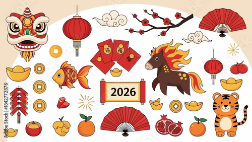 Chinese New Year Celebration Icons: Horse, Tiger, Lanterns, Fans, and Lucky Symbols