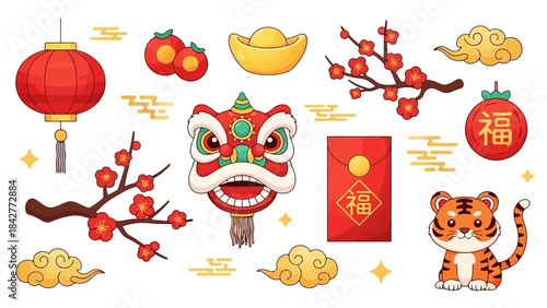 Chinese New Year Celebration Icons: Tiger, Lantern, Lion Dance, and Lucky Symbols