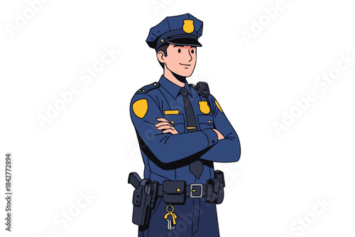 A stylized illustration of a police officer, arms crossed, standing in uniform