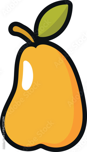 A cartoonish drawing of a yellow pear with a green leaf on top