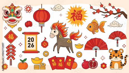 Happy Chinese New Year 2026 Festive Collection with Horse, Tiger and Lucky Symbols