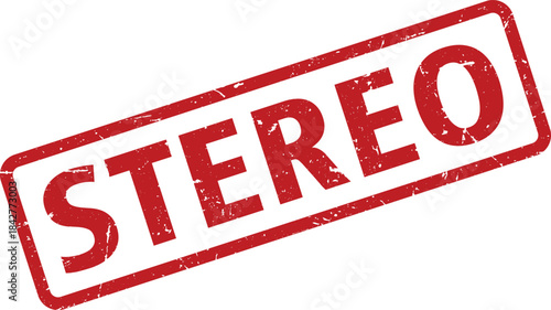 Red Distressed Stereo Rubber Stamp Isolated on White Background, Showing Wear and Tear