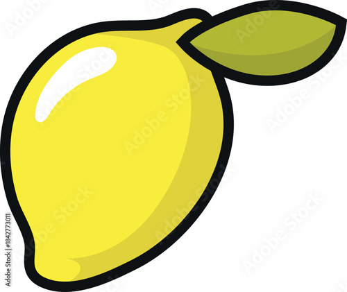 A yellow lemon with a green leaf on top