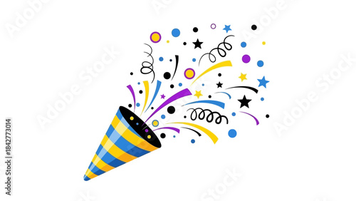 Festive Confetti Popper Exploding with Colorful Ribbons and Stars on White Background