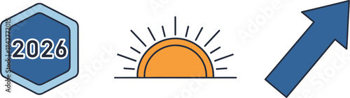 Simple graphic icons representing the year 2026 a rising sun and a blue upward trending arrow symbolizing future growth